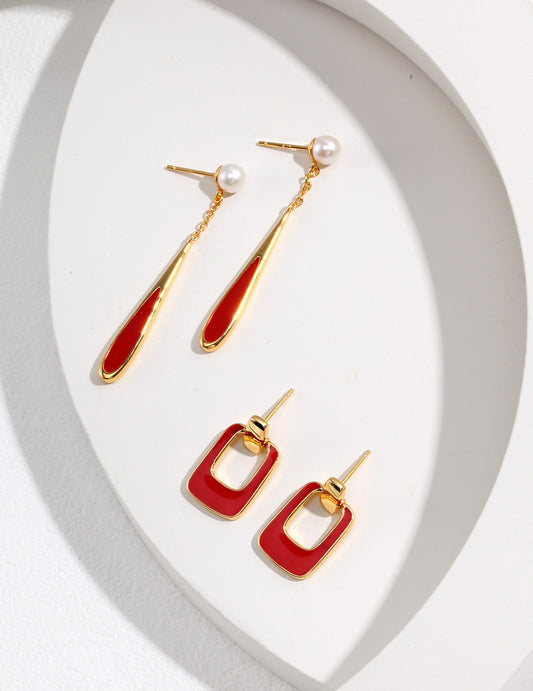 S925 Enameled Drop Earrings Elegant Lustrous China Red