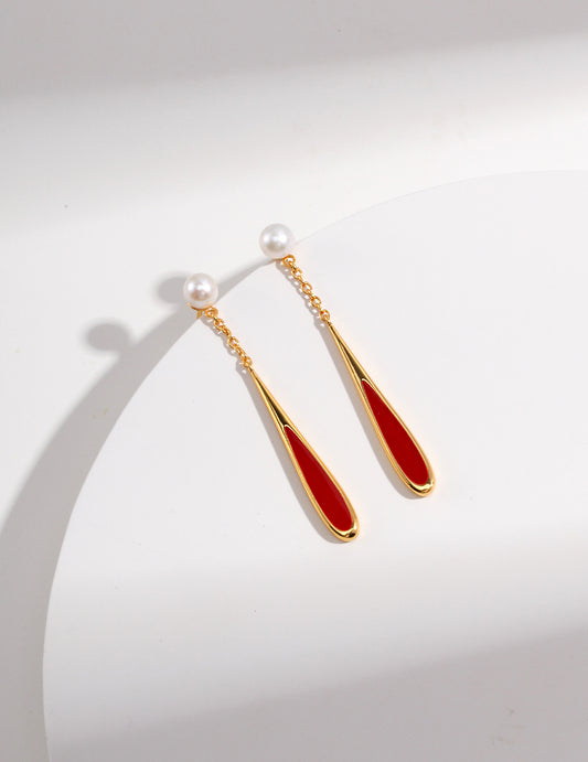 S925 Enameled Drop Earrings Elegant Lustrous China Red