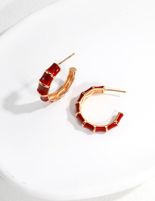Enamel Wine Red Design Pierced Earrings - Retro, Statement, Gold Plated