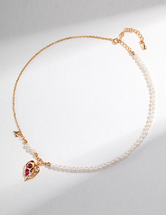 S925 Nuance Heart Freshwater Pearl x Red Zirconia Necklace