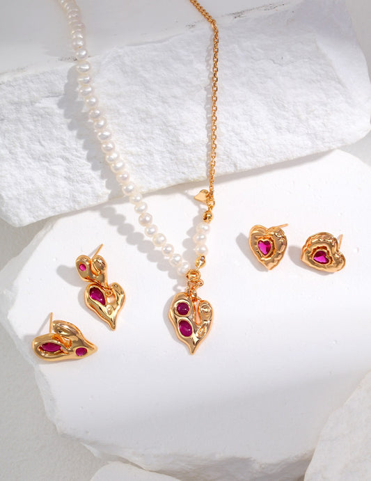 S925 Nuance Heart Freshwater Pearl x Red Zirconia Necklace
