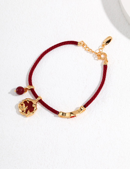 S925 Sterling Silver Natural Red Agate Rabbit Charm Red Cord Bracelet