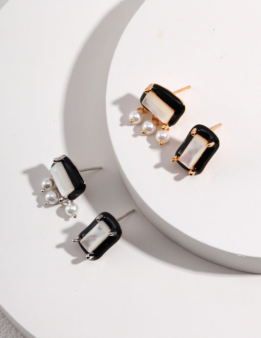 Sterling Silver 925 Enamel Bicolor Shell Pearl French Wire Earrings