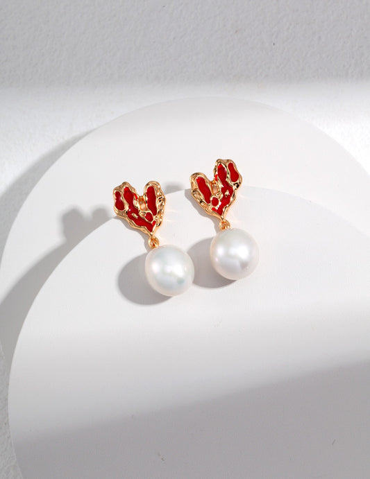 S925 Enamel Heart Freshwater Pearl Baroque Design Earrings