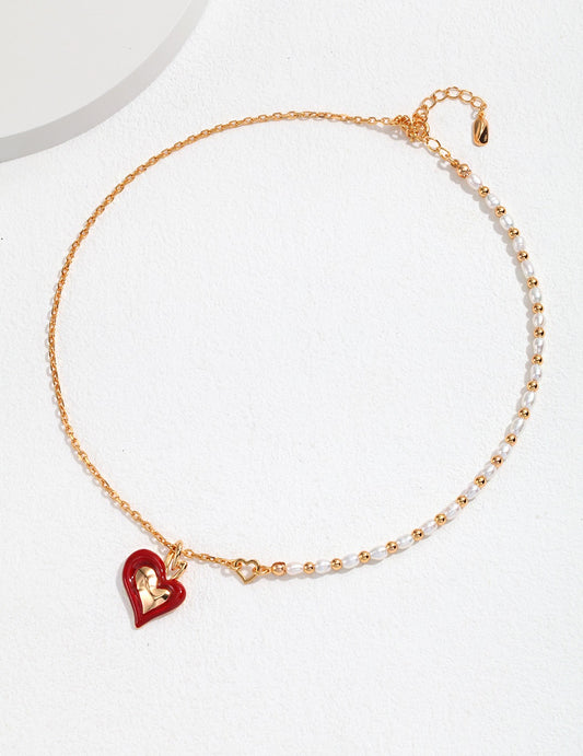 S925 Heart Enamel Freshwater Pearl Double Heart Necklace