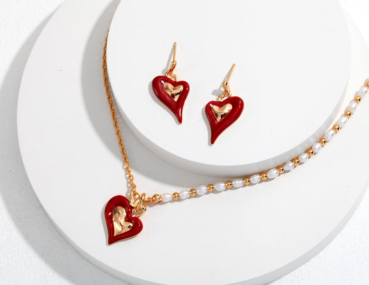 S925 Heart Enamel Freshwater Pearl Double Heart Necklace