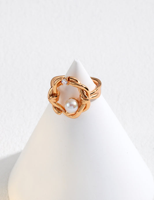 S925 Freshwater Pearl Zirconia Willow Leaf Design Ring