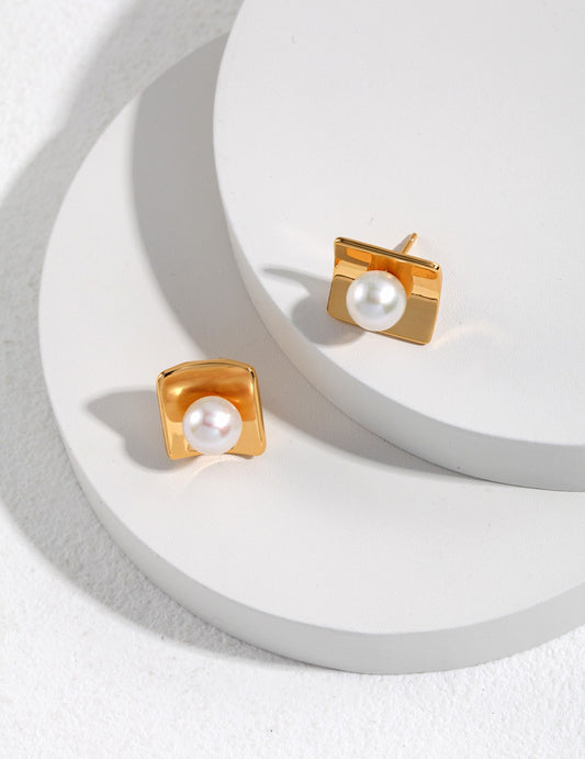 Silver 925 Freshwater Pearl Square Earrings Minimal Daily