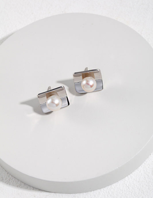 Silver 925 Freshwater Pearl Square Earrings Minimal Daily