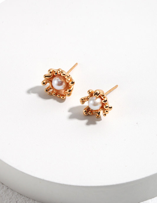 S925 Sterling Silver Freshwater Pearl Wave Line Stud Earrings
