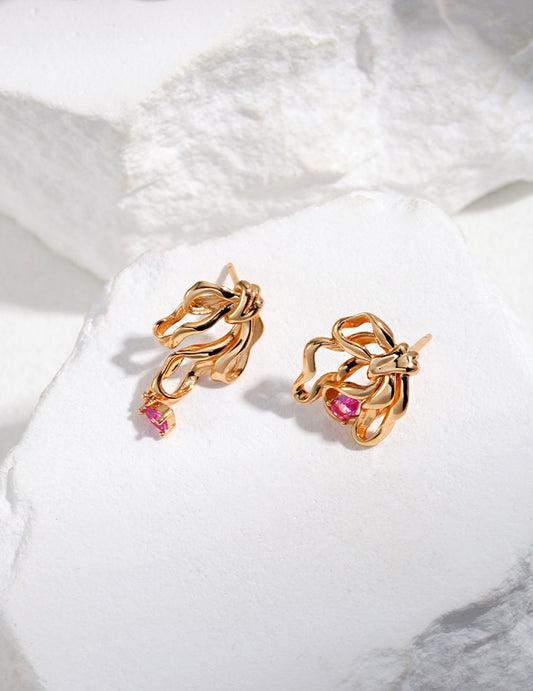 S925 Ribbon Motif Asymmetrical Zirconia Earrings