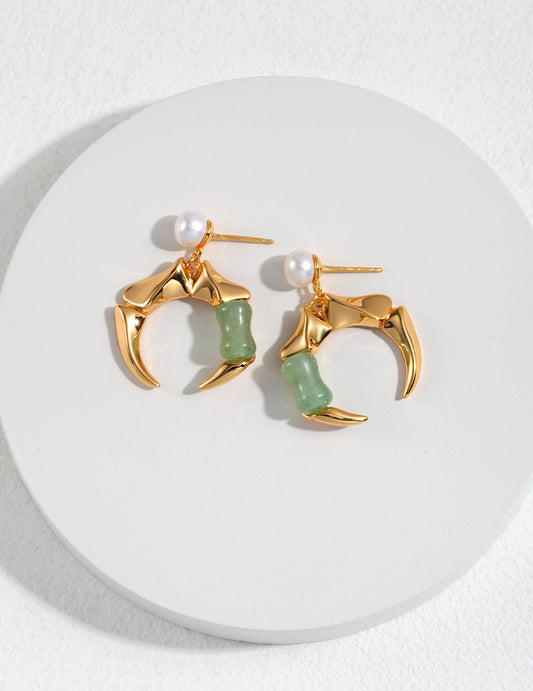 Sterling Silver 925 Bamboo Motif Aventurine Geometric Earrings