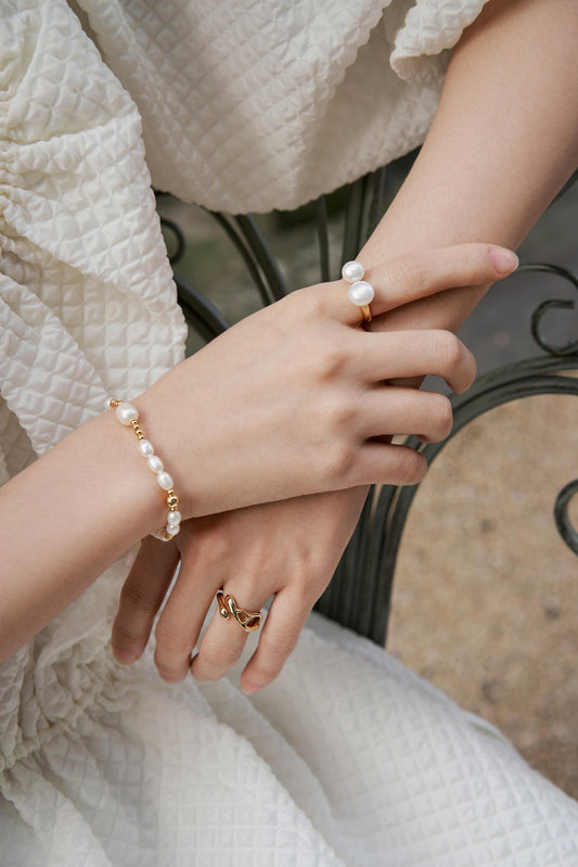 S925 Double Freshwater Pearl Fork Ring Smile Design