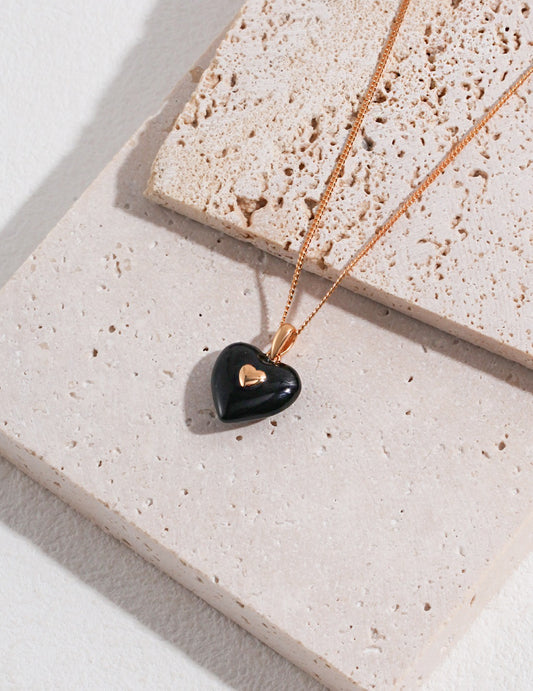 Silver 925 Heart-shaped Black Enamel Gold Plated Necklace