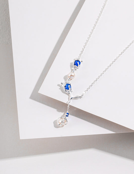 Freshwater Pearl & Blue Zirconia Sterling Silver Stamen Design Necklace
