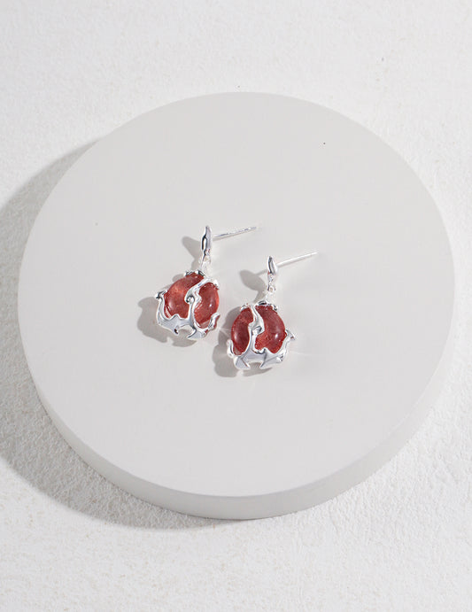 Sterling Silver 925 Strawberry Quartz Modern Chinese Style Earrings