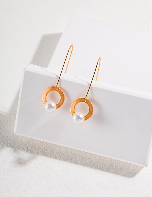 925 Silver Shell Pearl Long Hook Earrings French Minimal
