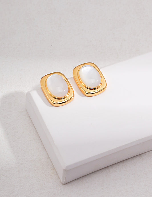 S925 Mother of Pearl Oval Earrings French Antique