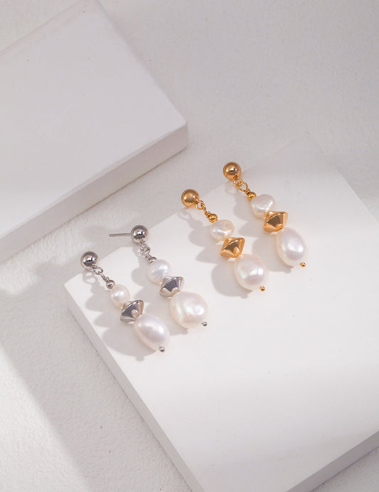 Sterling Silver 925 Freshwater Baroque Pearl Earrings, Iridescent Glow