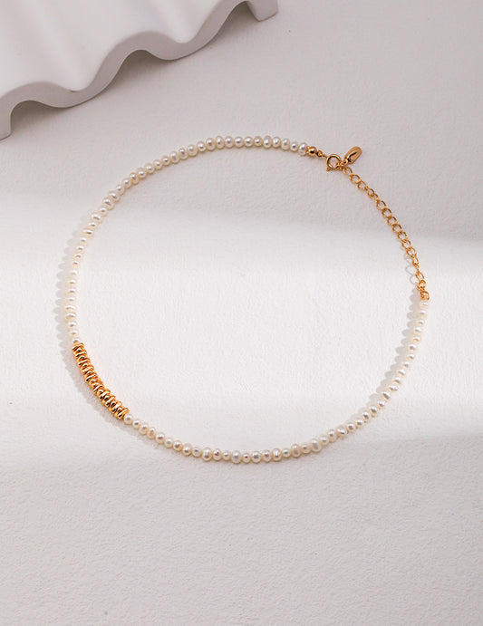 S925 Freshwater Pearl & Crushed Silver-Style Bead Necklace - French Minimalist