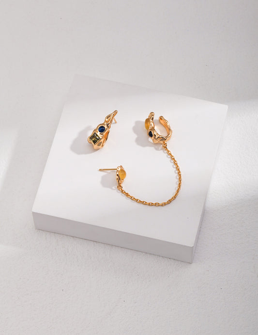 シルバー925 マルチカラー天然石 ヴィンテージ風 アシメピアス