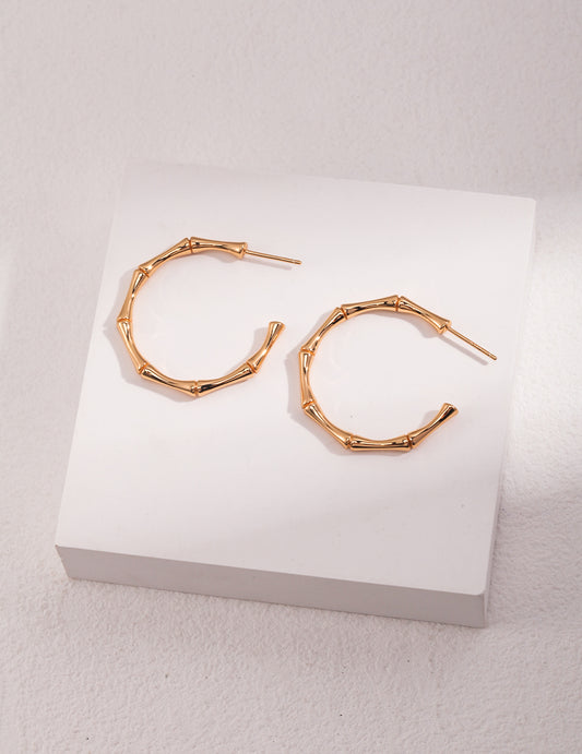 S925 Bamboo Motif Half Hoop Earrings, Bamboo Joint Design
