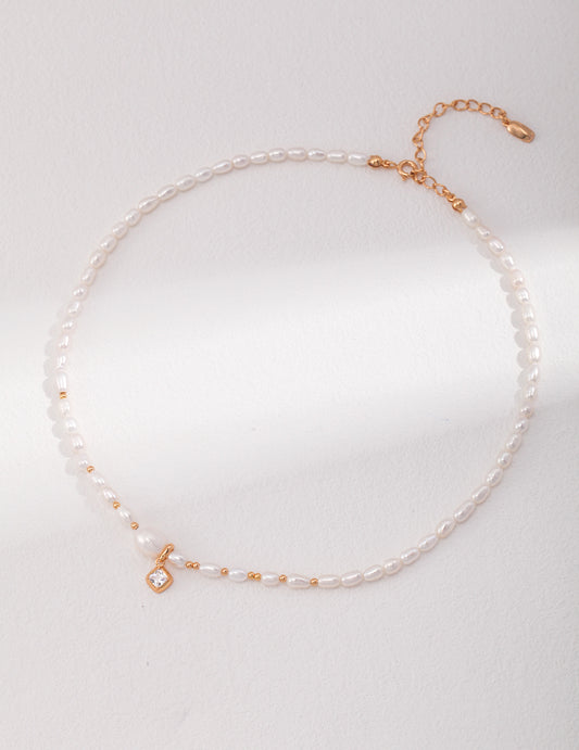 Sterling Silver 925 Freshwater Pearl x Zirconia Necklace French Minimal