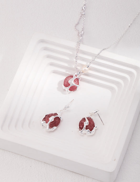 S925 Strawberry Quartz Necklace, Sunset Scenery, Peace Buckle Design
