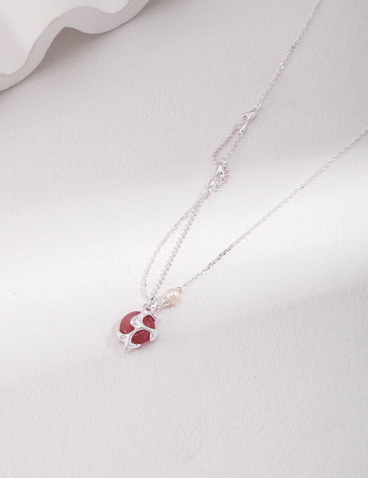 S925 Strawberry Quartz Necklace, Sunset Scenery, Peace Buckle Design