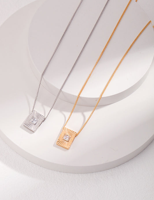 Sterling Silver 925 Square Zirconia Necklace, French Style