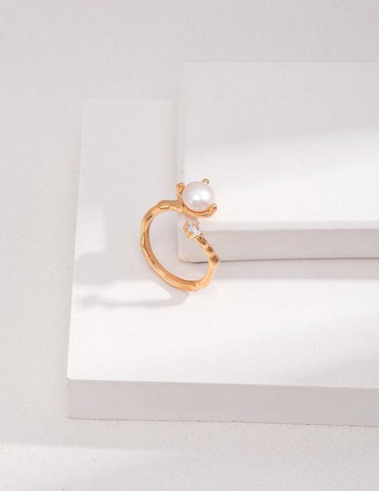 S925 Freshwater Pearl Zirconia Ring Vintage Gold/Platinum