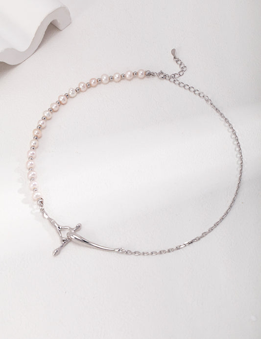 Sterling Silver 925 Fluid Design Natural Freshwater Pearl Necklace Urban Radiance