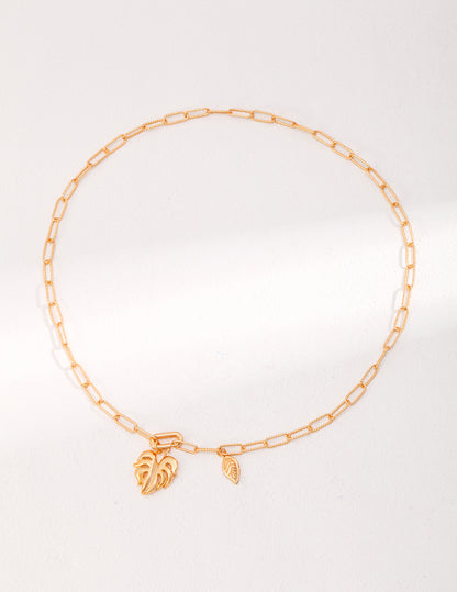 S925 Leaf Motif 2-Way Necklace, Vintage Gold, Detachable