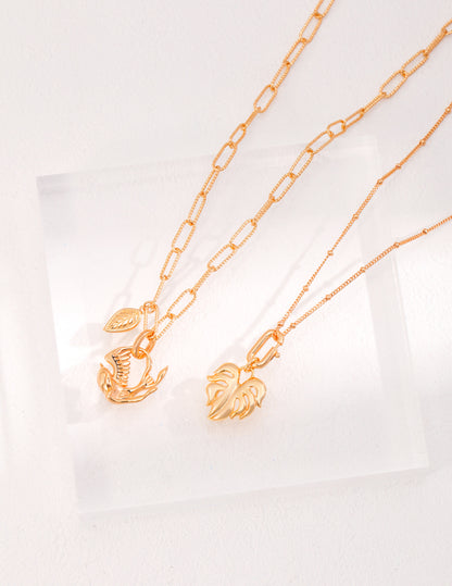 S925 Leaf Motif 2-Way Necklace, Vintage Gold, Detachable