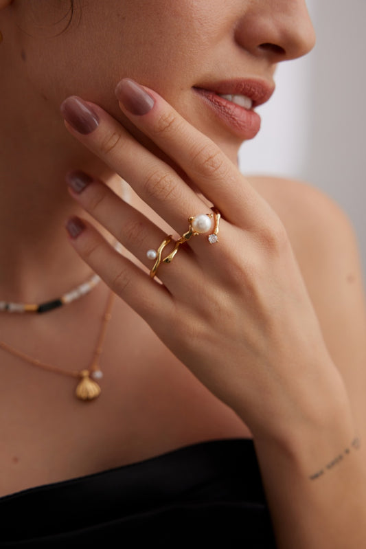 S925 Freshwater Pearl Zirconia Ring Vintage Gold/Platinum