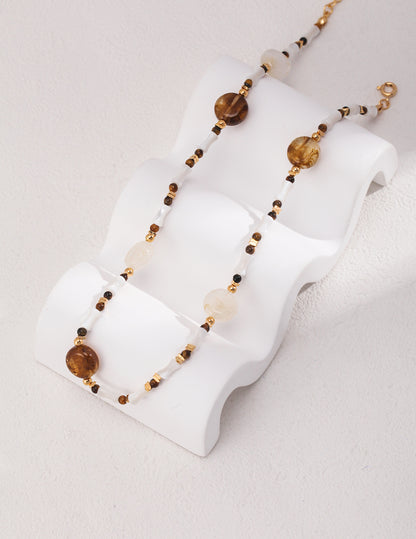 Silver 925 Tiger's Eye x Shell Necklace Vintage Gold