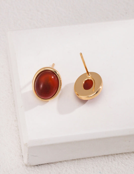 S925 Red Agate & Tiger Eye Minimalist Stud Earrings