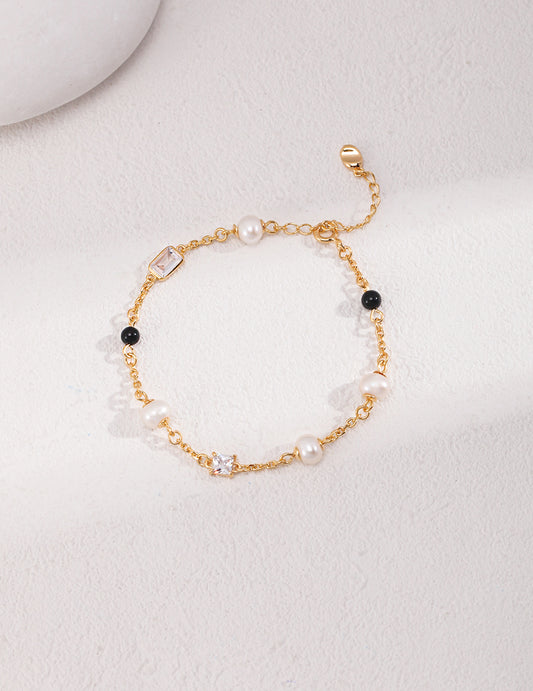 925 Sterling Silver Freshwater Pearl x Black Onyx Zirconia Bracelet