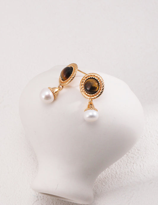 SV925 Tiger Eye Freshwater Pearl Natural Design Pierced Earrings E01108