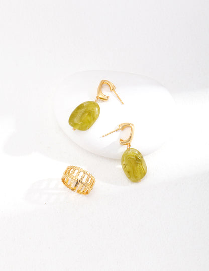 Modern Green Resin Gold-Plated Botanical Style Earrings