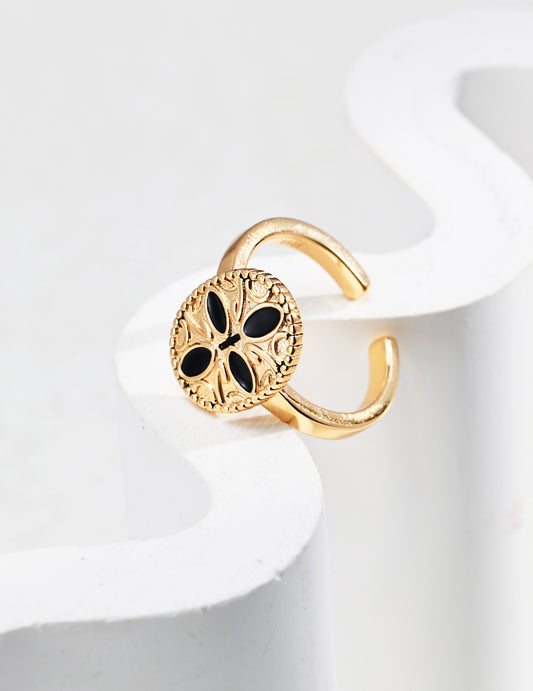 S925 Vintage Style Enamel Ring Black x Gold