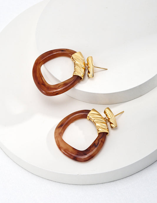 Modern Ethnic Resin Round Earrings Brown Gold