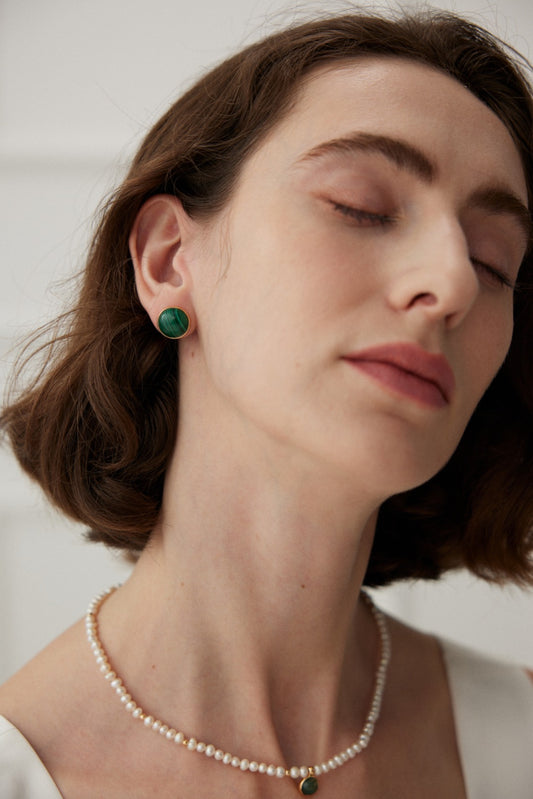 S925 Natural Stone Malachite Minimalist Stud Earrings