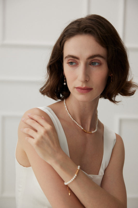 S925 Freshwater Pearl & Crushed Silver-Style Bead Necklace - French Minimalist