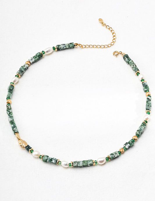 Sterling Silver 925 Freshwater Pearl and Natural Stone Vintage Style Necklace