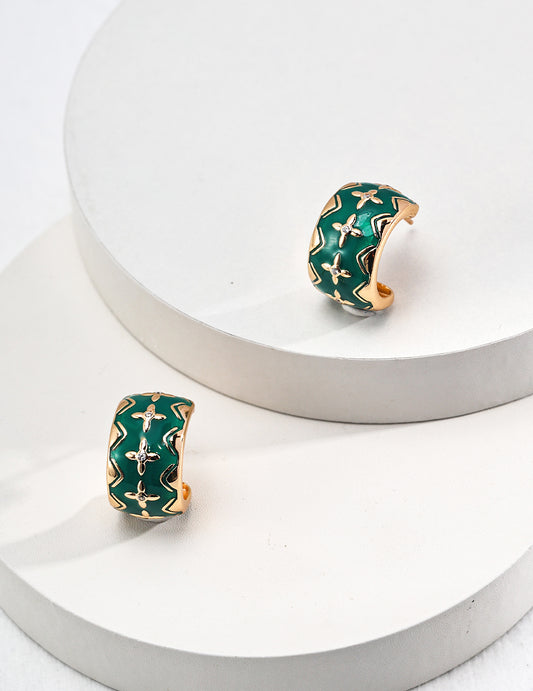 925 Sterling Silver Enamel Zirconia Earrings Vintage Gold