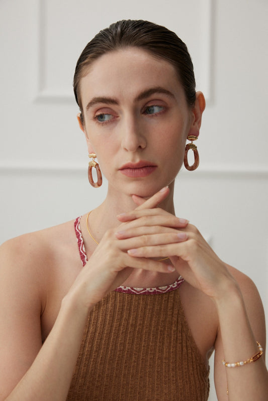 Modern Ethnic Resin Round Earrings Brown Gold