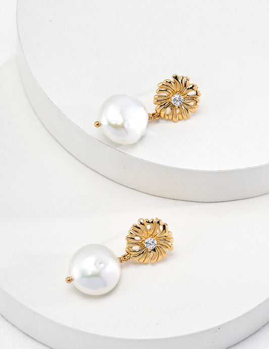 S925 Sterling Silver Freshwater Pearl Earrings Vintage-Style Elegant Gold-Plated