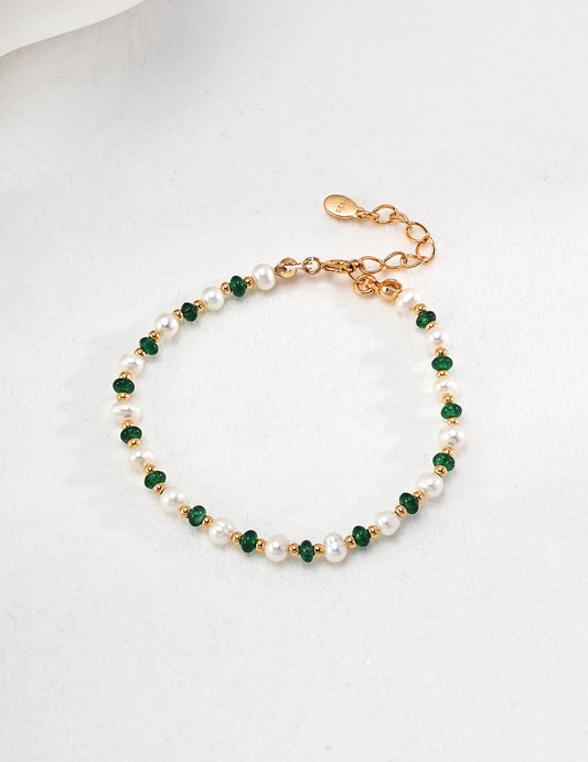 Freshwater Pearl & Synthetic Emerald Bracelet Vintage Gold
