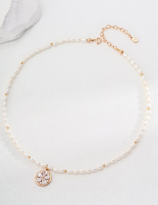 S925 Zirconia & Freshwater Pearl Necklace Gold
